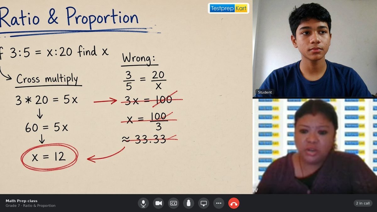 Live Math Prep class with lesson board and student webcam