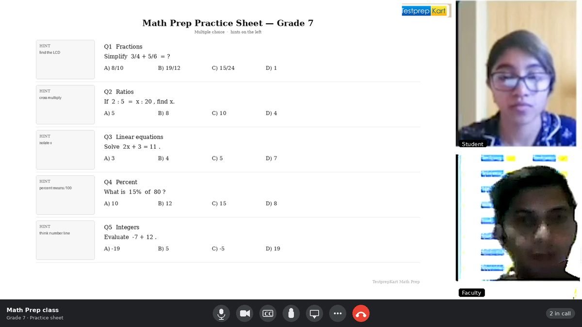 Live Math Prep class with student and faculty reviewing a practice sheet