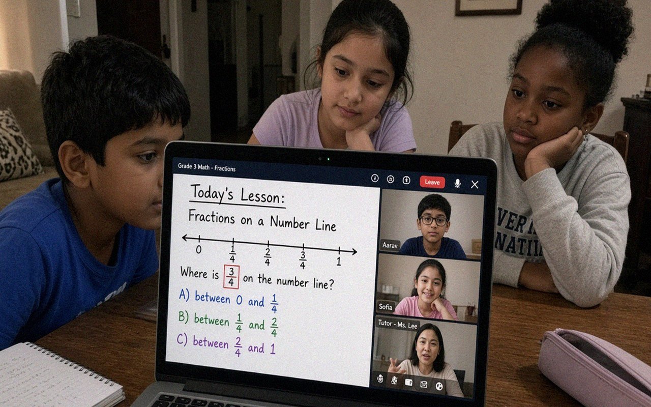 Grade 3 students in a live small-group online math class