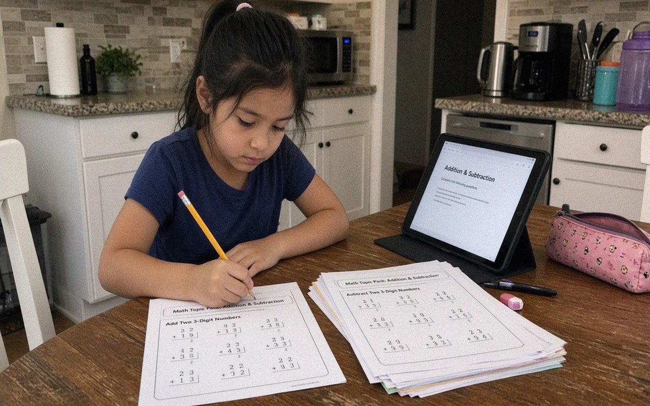Grade 3 student working through a short online math topic pack