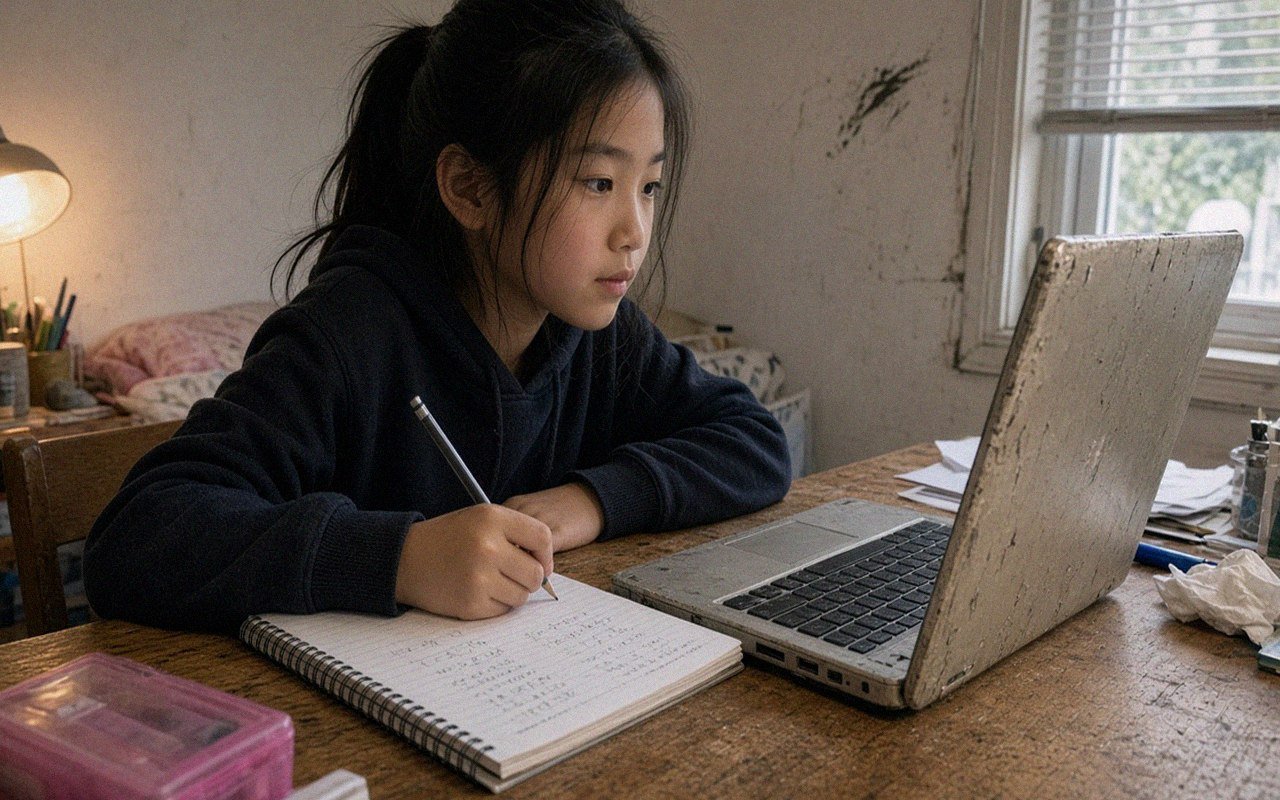 Grade 4 student in a live 1:1 online math class at home