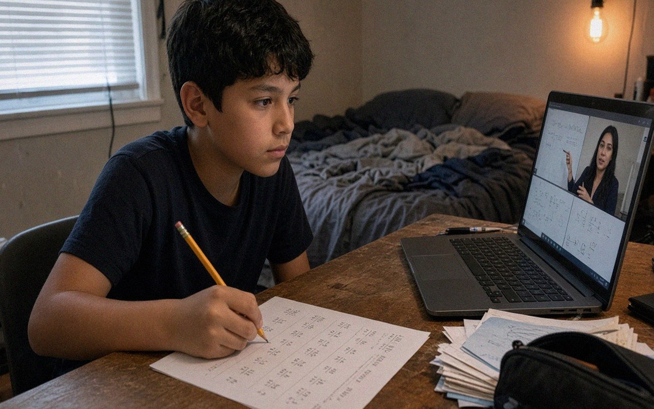 Grade 5 student in a live 1:1 online math class at home