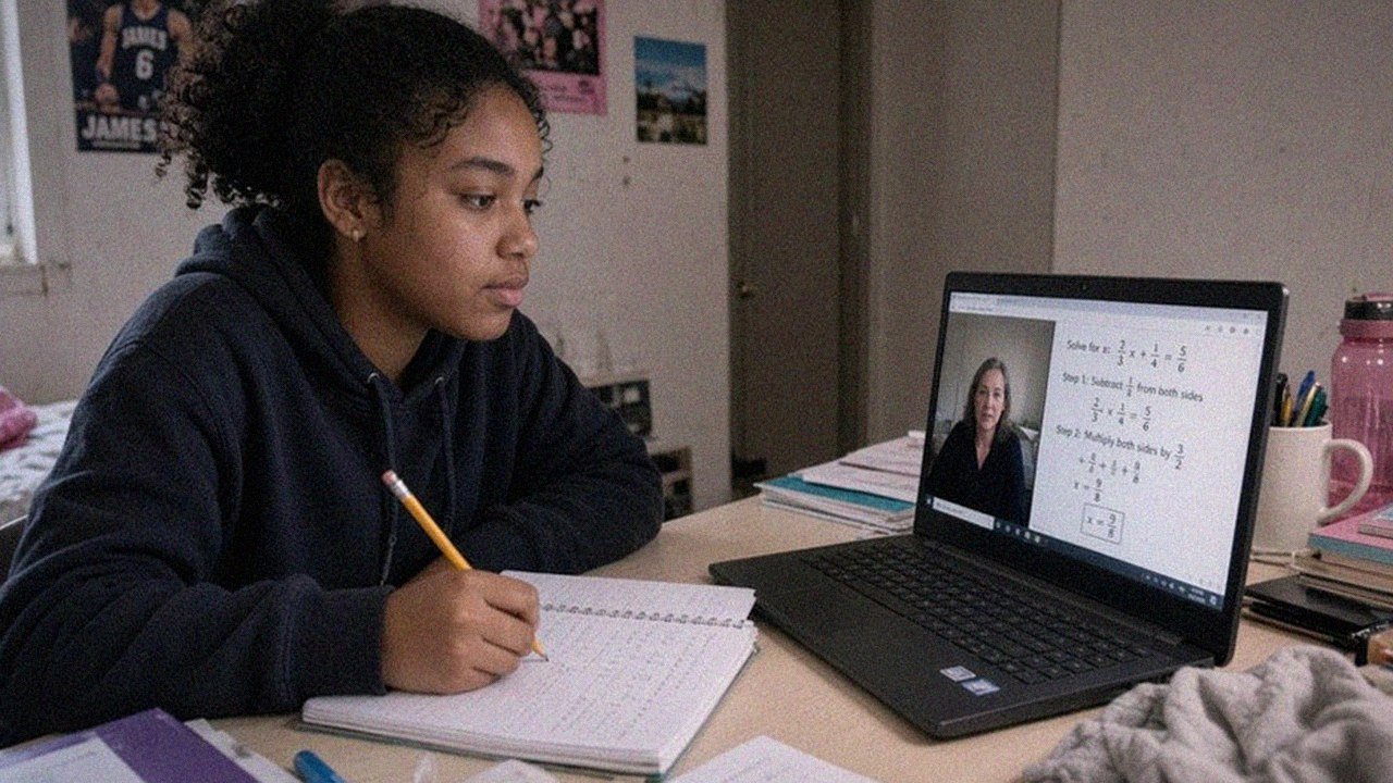 Grade 7 student learning math online (live class)