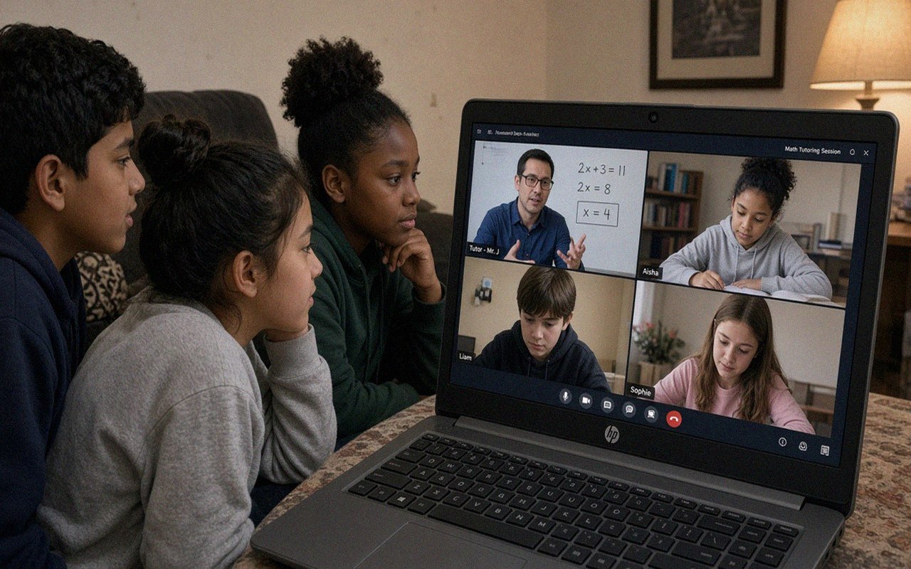 Grade 7 students in a live small-group online math class