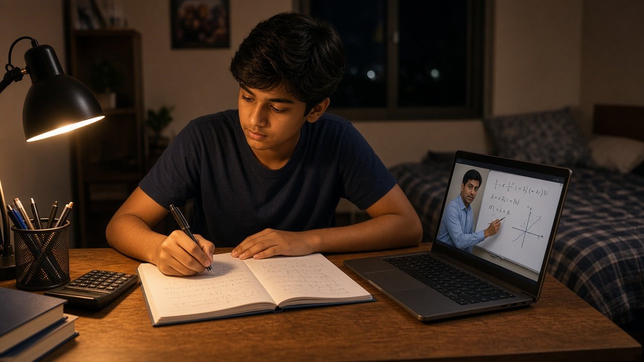Grade 8 student learning math online (evening study)