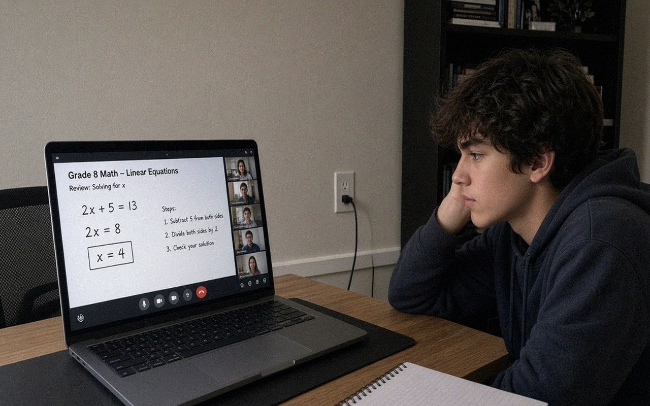 Grade 8 students in a live small-group online math class