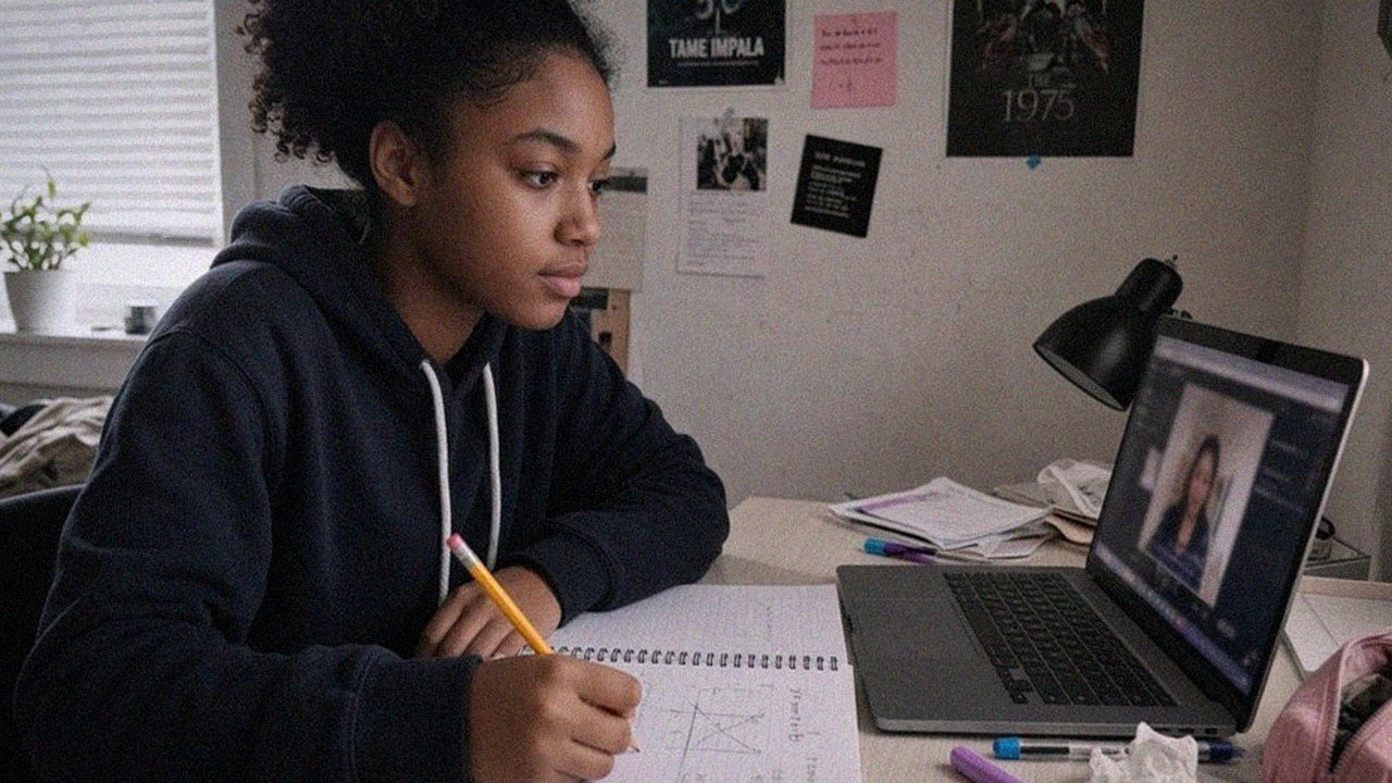 Grade 9 student learning math online (live class)