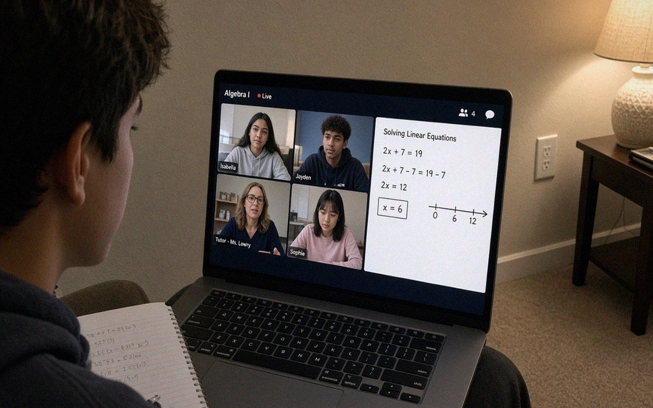 Grade 9 students in a live small-group online math class