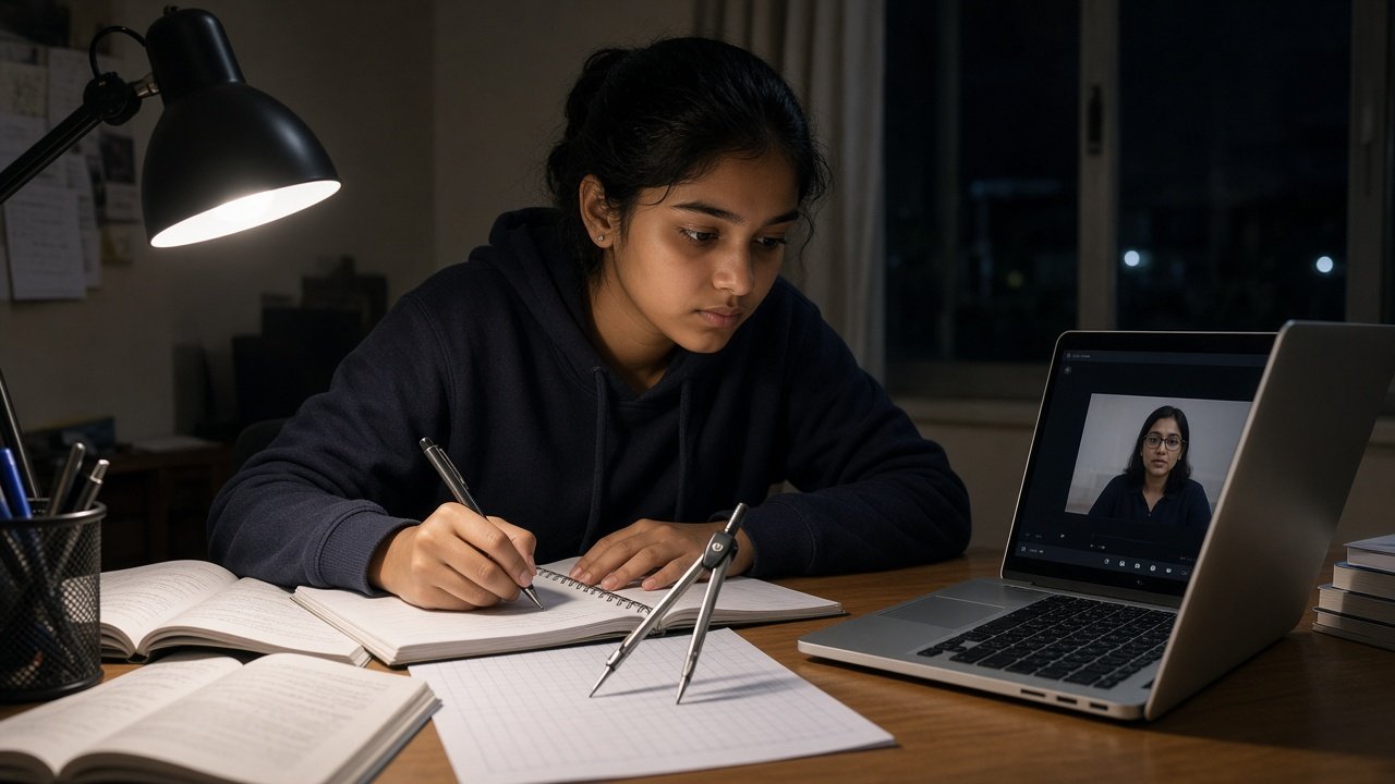 High school student studying Algebra in the evening