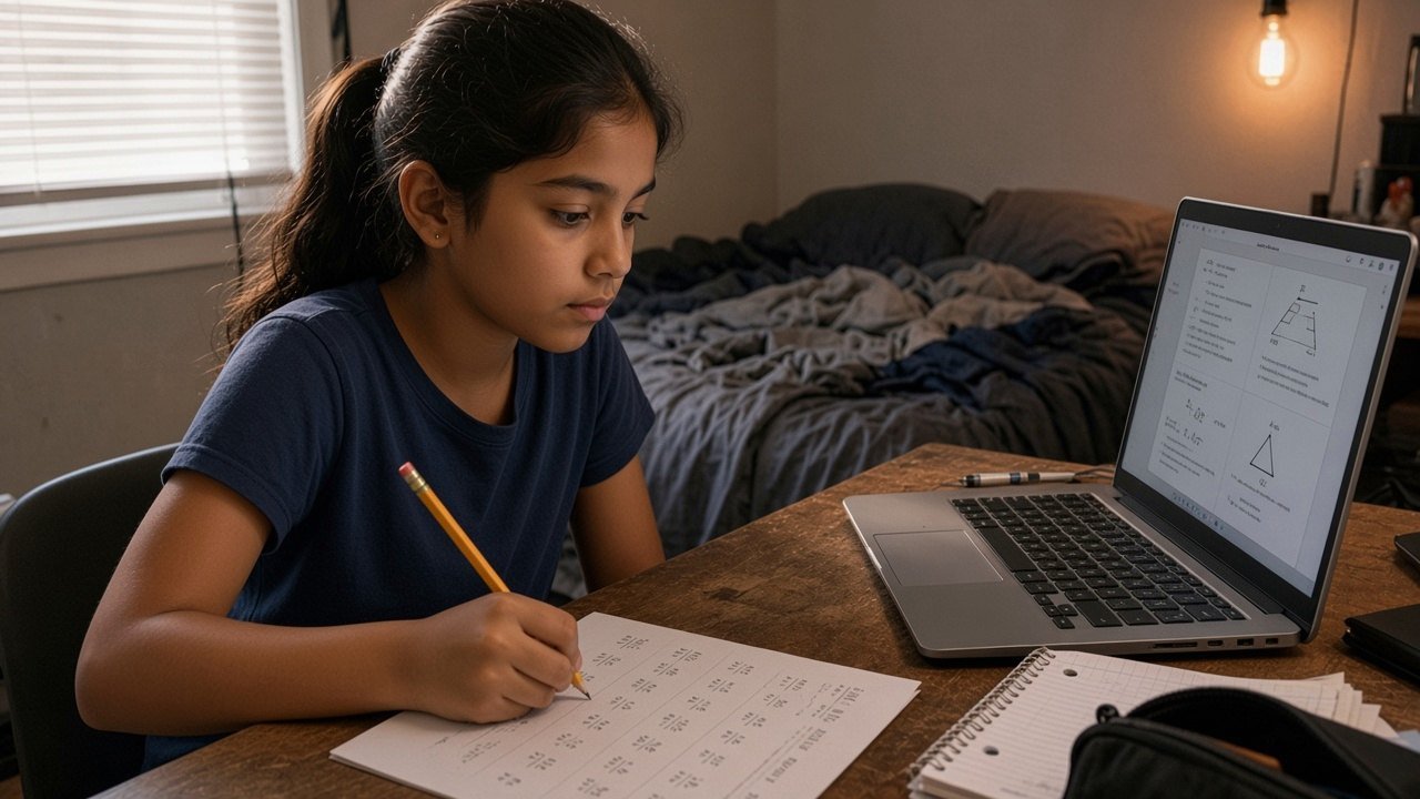 Indian-American elementary student practicing math on a Chromebook at home