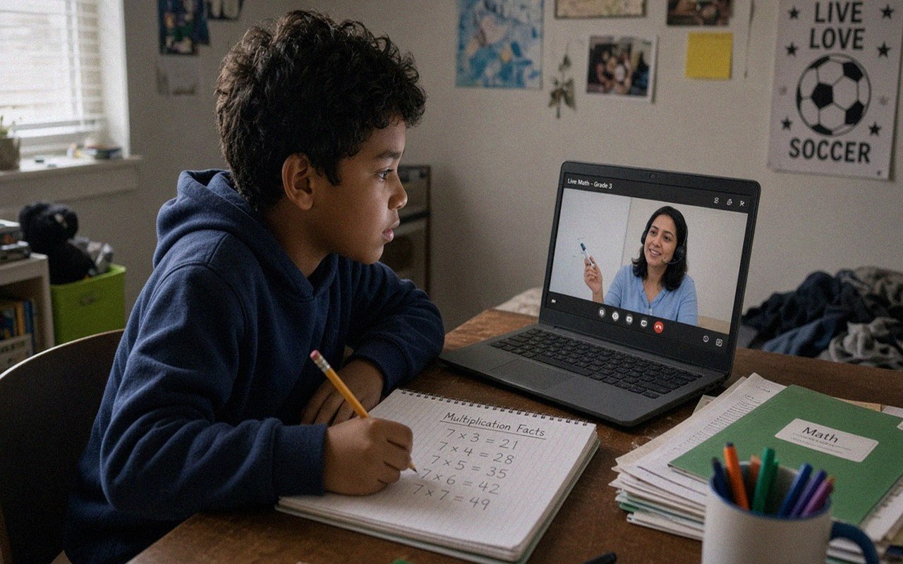 Indian-origin elementary student practicing Math for STAAR at home