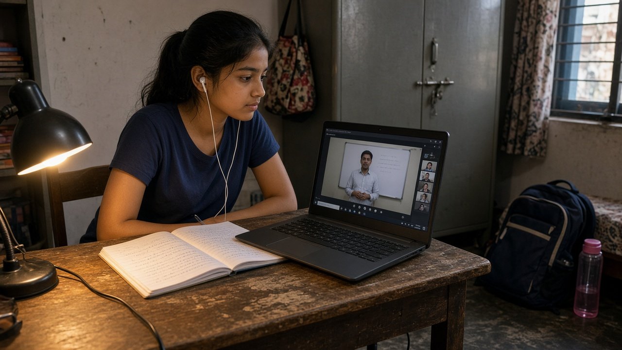 Student in a bedroom on a laptop for an online SAT class, notebook open