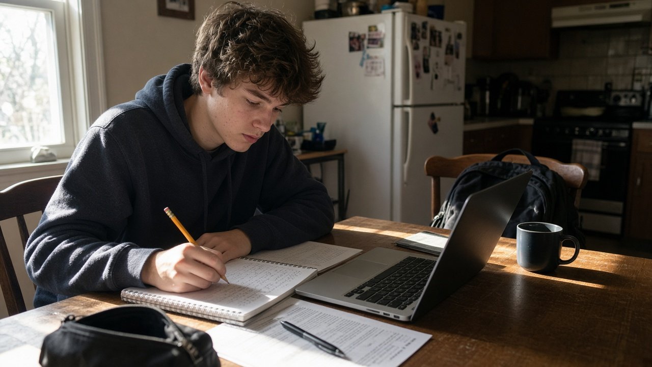 Student at a kitchen table writing SAT practice next to a laptop