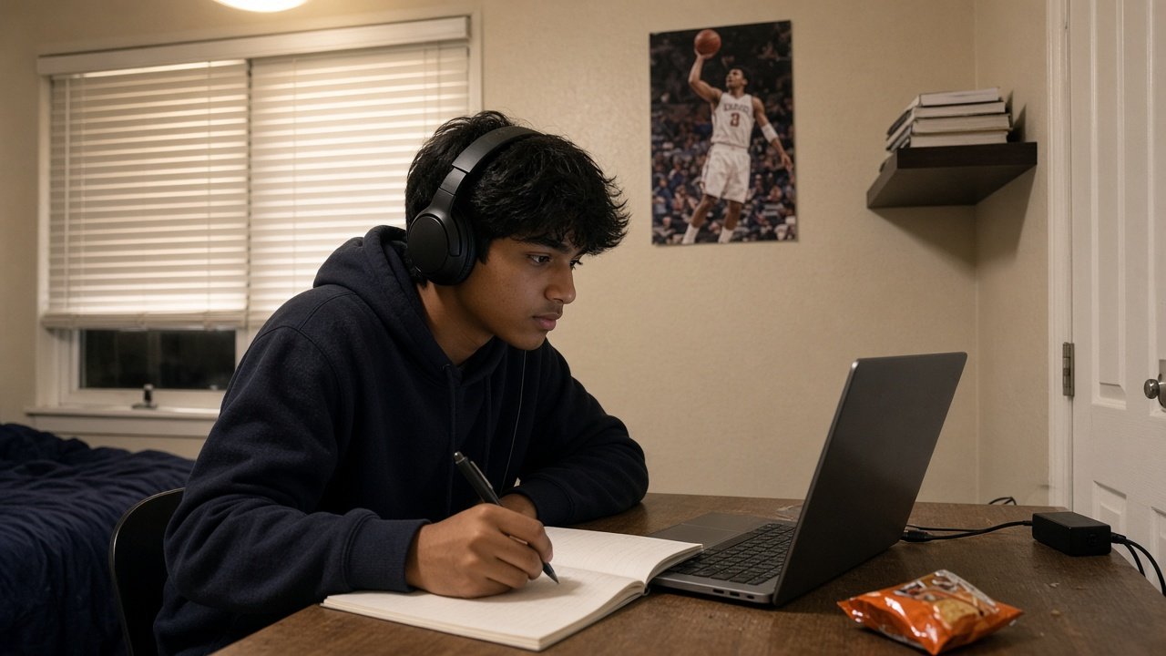 Student with headphones in a bedroom, laptop class and a notebook