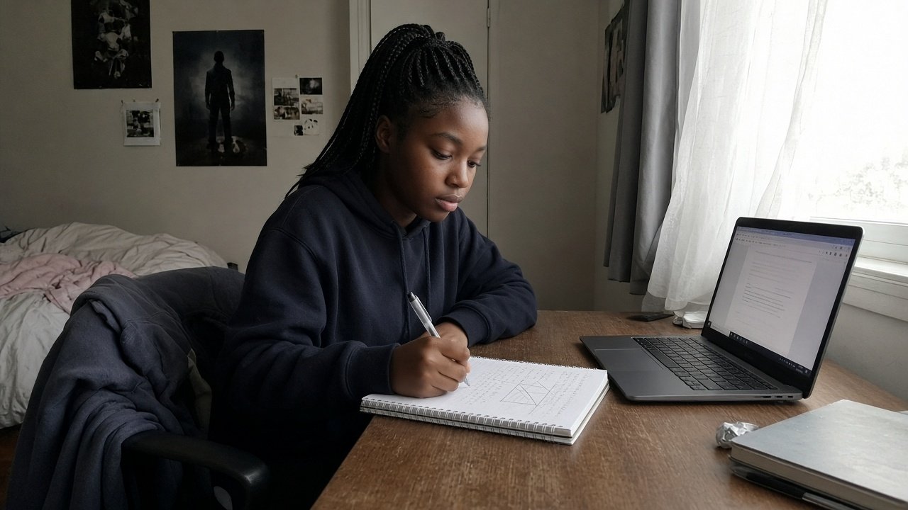 Student writing math work in a notebook beside a laptop